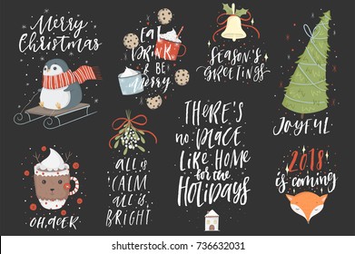 Collection of cute Christmas illustrations with cute characters and lettering. Winter icon set with holiday elements. Vector seasonal postcard design