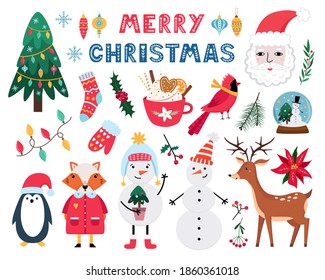 Collection of cute Christmas and New Year flat cartoon elements. Santa Claus, tree, reindeer, snowman, hot chocolate, gingerbread, cardinal, fox, penguin, holly. Vector illustration isolated on white.