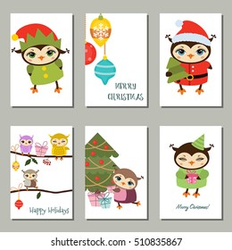 Collection of cute Christmas and new year greeting card. Cute cartoon owls.