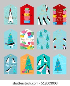 Collection of cute Christmas and New Year ready-to-use gift tags in a flat style. Vector seasonal badge design. Set of gift cards with skating penguins, gifts and decorated Christmas tree.