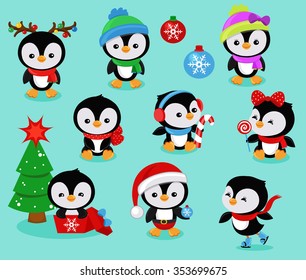 Collection of cute Christmas penguins kids. Vector illustration.