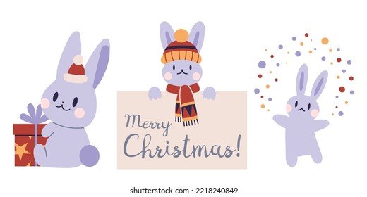 Collection with cute Christmas rabbits and festive attributes, cartoon style. Cold Weather, cozy mood. Trendy modern vector illustration isolated on white background, hand drawn, flat