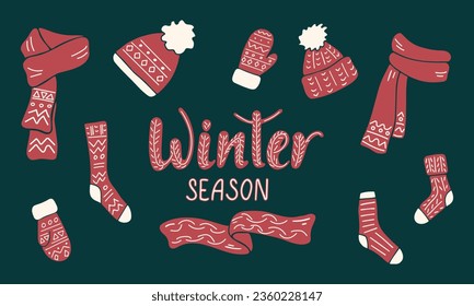 Collection of cute Christmas red clothing items. Winter warm knitted clothes. Winter season handwritten inscription with knitted decor. Hat, scarf, mittens, socks isolated on green