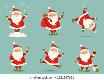 Collection of Cute Christmas Santa Claus isolated. Christmas Set of Cheerful, funny Santa clause for winter holidays. Happy Santa Claus cartoon character ready new year. vector.