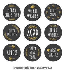 Collection of cute Christmas stickers and badges. Winter labels. Vector isolated illustration.