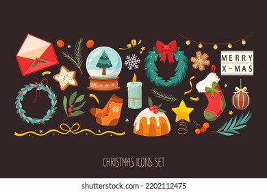 Collection of cute Christmas symbols. Vector illustration