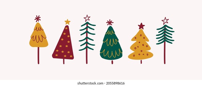 Collection of cute Christmas trees. Vector minimalistic illustration. Merry christmas and a happy new year. Winter stickers for design.