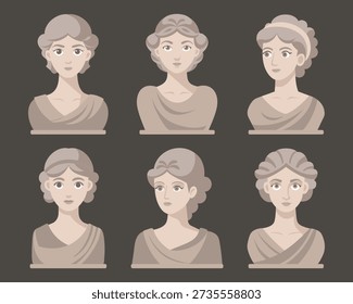 Collection of cute classical greek or roman female Busts. Modern stylized set of ancient sculptures.