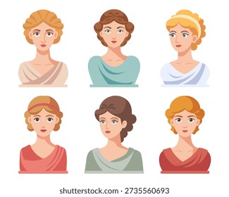 Collection of cute classical greek or roman female Busts. Modern stylized set of ancient sculptures. Flat illustration.