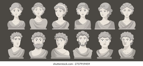 Collection of cute classical greek or roman male and female busts. Modern stylized set of ancient sculptures.