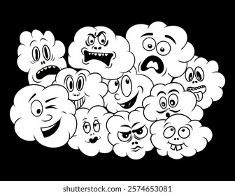 Collection of Cute Cloud Emojis with Various Expressions. Abstract Cartoon Characters in Black and White Doodle Style. Fun Icon Set for Kids and Projects