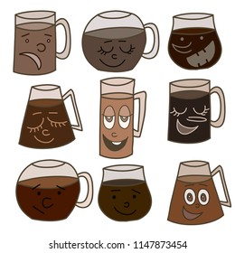 Collection of cute coffee cups with different emotions. Vector EPS 10.