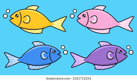 Colección de lindos iconos de colores de peces, logotipos de peces de colores, peces de dibujos animados