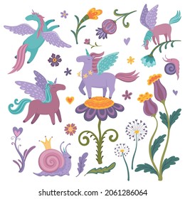 Collection of cute colored unicorns and flowers