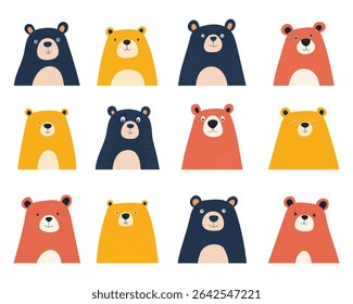 Collection of cute, colorful bear faces in a cartoon style illustration