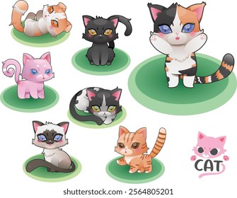 A collection of cute colorful cartoon cats depicted in various playful poses, featuring bright colors and a whimsical style perfect for kids' illustrations or decorative designs.