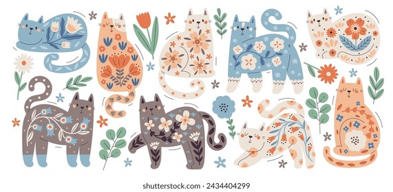 Colección de lindos gatos coloridos con diseño único de patrón floral en ilustración vectorial de estilo escandinavo. Personajes gatitos con adornos botánicos étnicos creativos. Hermosa obra de arte animal de compañía