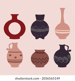 Collection of cute colorful ceramic vases of different shapes on pink background. Different shapes. Concept of antique, ancient ceramic pottery. Flat cartoon vector illustration