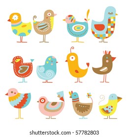 Collection of cute, colorful chickens