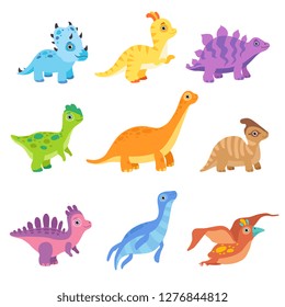 Collection of cute colorful dinosaurs, funny baby dino cartoon characters vector Illustration