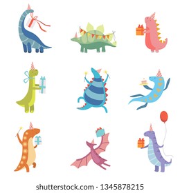 Collection of Cute Colorful Dinosaurs in Party Hats, Funny Blue Dino Characters, Happy Birthday Party Design Elements Vector Illustration