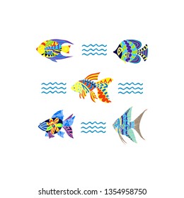 Collection of cute colorful fishes. Vector illustration isolated on white background.