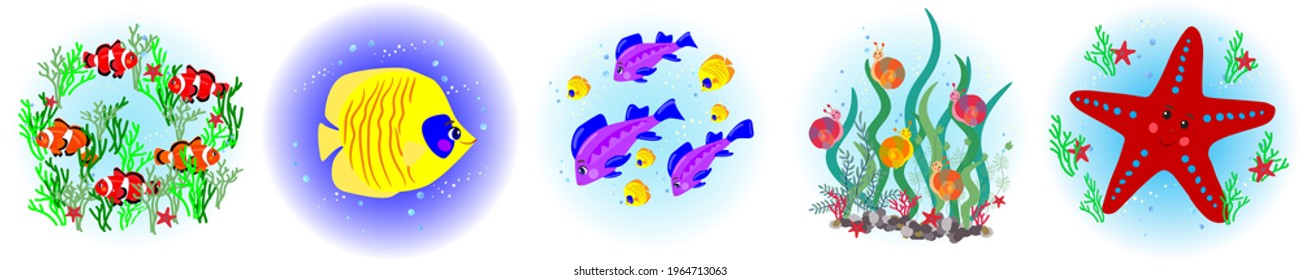 Collection of cute colorful funny marine life - fish, starfish, algae. Baby vector illustration
