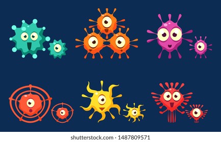 Collection of Cute Colorful Germs Set, Microbes, Bacterias, Viruses Characters with Funny Faces Vector Illustration