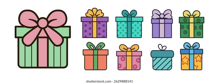 Colección de cajas de regalo lindas y coloridas con varios patrones y arcos. estilo de diseño plano