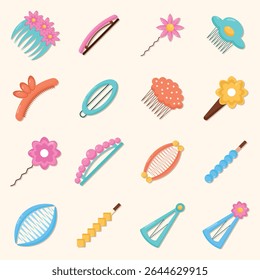 Uma coleção de bonitos e coloridos acessórios de cabelo ilustrações, incluindo clipes florais, pentes, alfinetes e barretas em um estilo de design plano. Perfeito para temas de beleza, promoções de salão, conteúdo de moda
