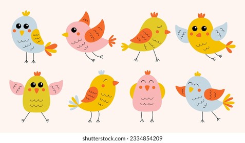 Collection of cute colorful hand drawn birds. Cartoon funny animals in flat style. Vector illustration