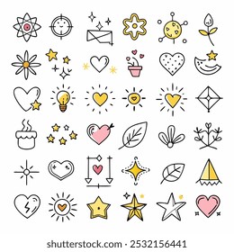 A collection of cute and colorful hand-drawn icons, perfect for adding a touch of whimsy to your designs. The icons include hearts, stars, flowers, suns, and more.