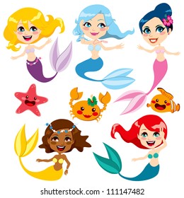 Collection of cute colorful mermaids and sea friends