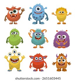 Collection of cute and colorful monster characters displayed in a grid layout. Each playful monster has unique features and expressions, perfect for children s themes.