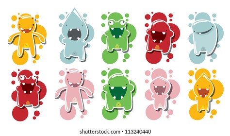 Collection of cute colorful monsters on dotted background, vector