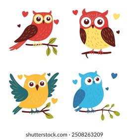 Collection of Cute Colorful Owl Bird Animal Character in Love