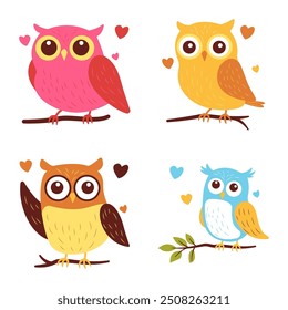 Collection of Cute Colorful Owl Bird Animal Character in Love