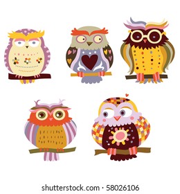 Collection of cute, colorful owls.