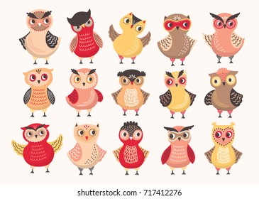 Collection of cute colorful owls decorated with different ornaments. Set of funny cartoon forest birds standing in various position isolated on white background. Colored vector illustration.