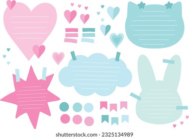 Collection of cute colorful paper notes. Blank cartoon notes with animal and geometric shapes for to-do-list, memo message notepads paper sheets and planner. Stickers and assorted elements 