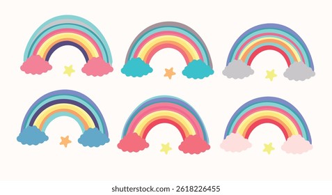 Collection of cute colorful rainbows with clouds and stars in pastel tones. 