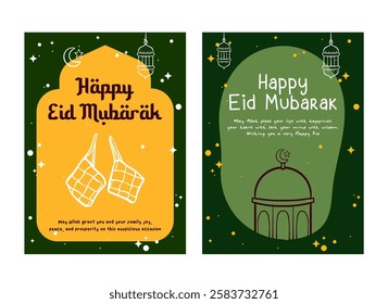Collection of cute colorful Ramadan Mubarak designs. Greeting cards, banners, posters, backgrounds. Hand drawn illustrations of mosques, ketupat, lanterns. Ramadan vector design
