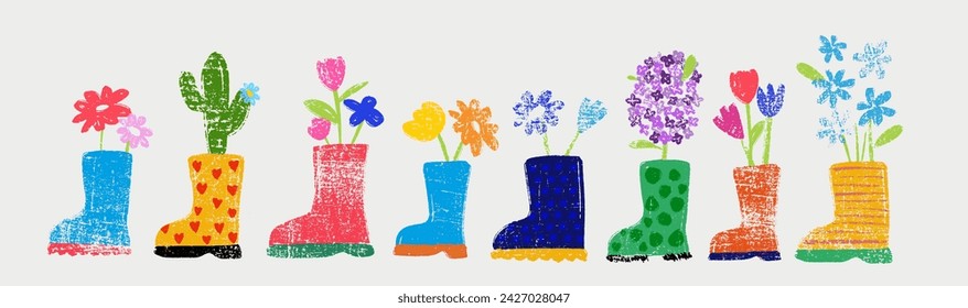 Collection of Cute colorful rubber boots with spring flowers isolated on a white background. Rubber shoes with flowers. Springtime. Trend flat design. Hand drawn kids cartoon vector illustration.