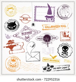 Collection of cute colorful stamps with Halloween typical Characters and Monsters