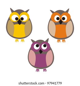 Collection of cute, colorful staring owls with funny various expressions, also with squint - cartoon symbol of school wisdom. Vector flat design element set illustration isolated on white background.