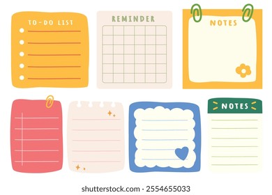 Collection of cute and colorful sticky notes perfect for planning, organizing, and taking notes. Includes to-do lists, reminders, and notepads.