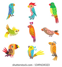 Collection of Cute Colorful Tropical Parrots Vector Illustration