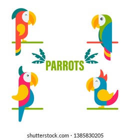 Collection of Cute Colorful Tropical Parrots Vector Illustration