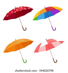 Collection of cute colorful umbrellas. Cartoon style. Polka dot, stripe and rainbow. Vector illustration.