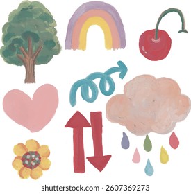 A collection of cute and colorful watercolor illustrations including a tree, rainbow, and heart